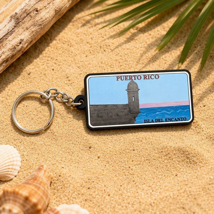 Custom rectangular PVC printed keychains featuring a printed Puerto Rican coastal fortress, blue ocean, and "ISLA DEL ENCANTO" text; includes a silver keyring and chain.