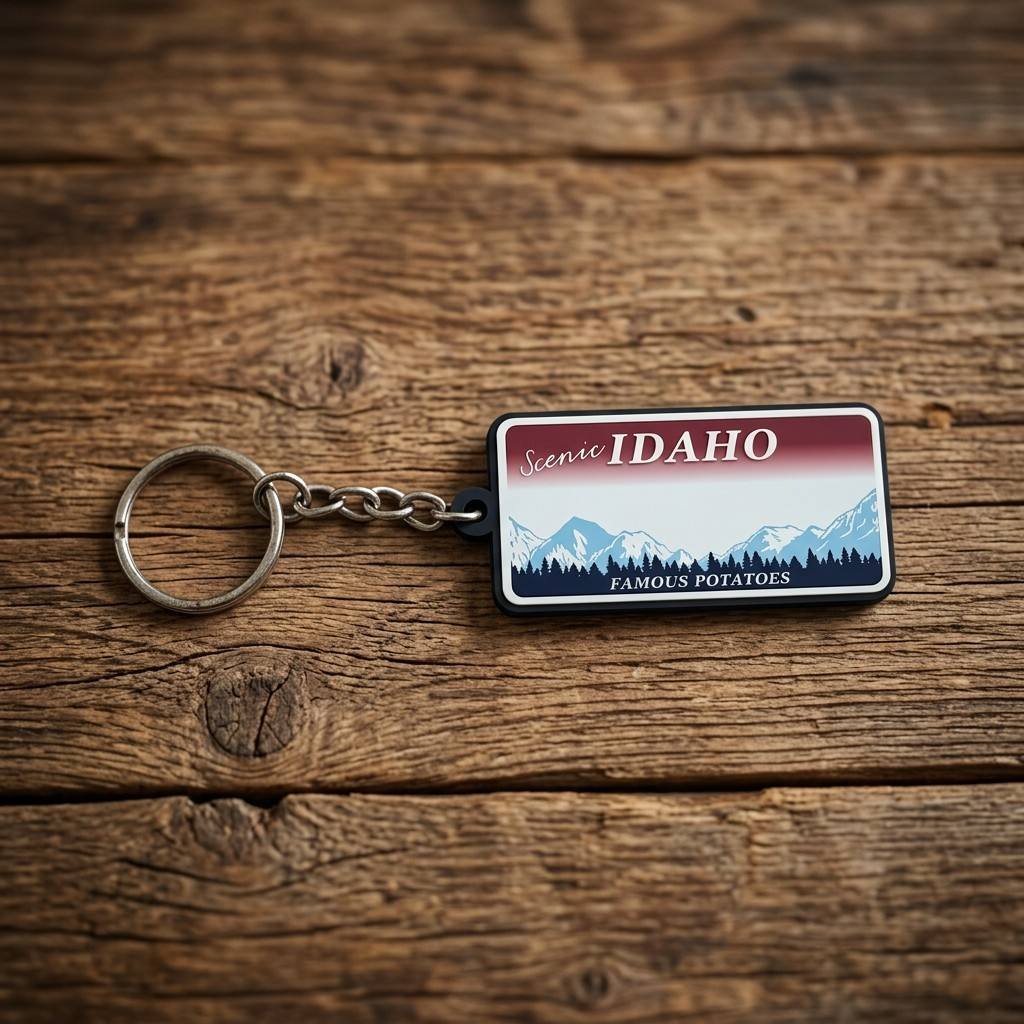A custom rounded rectangle PVC keychain featuring a scenic Idaho landscape with red gradient sky, snow-capped mountains, dark green forest silhouette, and "FAMOUS POTATOES" text, attached to a silver metal ring via a short chain on a wooden texture background.