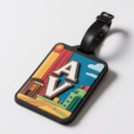 Rectangular black PVC rubber luggage tag featuring raised 3D white initials “AV”, red-and-yellow classical colonnade silhouettes, and a green-roofed watchtower against the city skyline, paired with a black leather strap, shot on a plain white background.