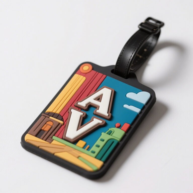 Custom rectangular PVC luggage tags with rounded corners; features a colorful cityscape collage with "AV" initials, buildings, and sky; includes a black faux-leather strap with a metal buckle.