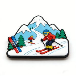 Custom PVC Skiing Fridge Magnets 3D Winter Sports Rubber Magnets Cartoon-style PVC soft rubber ski figurine fridge magnet featuring downhill skiers, snowy mountain peaks, and evergreen trees in vibrant red, blue, and yellow, with 3D epoxy dome finish, displayed on plain white background.