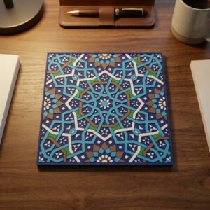 Custom PVC Soft Rubber Coasters Moroccan Geometric Totem Heat Pads Square PVC soft rubber coaster in deep navy blue, featuring an intricate Moroccan-style geometric mosaic pattern with interwoven teal, brown, and green lines. Displayed against a pure white background.