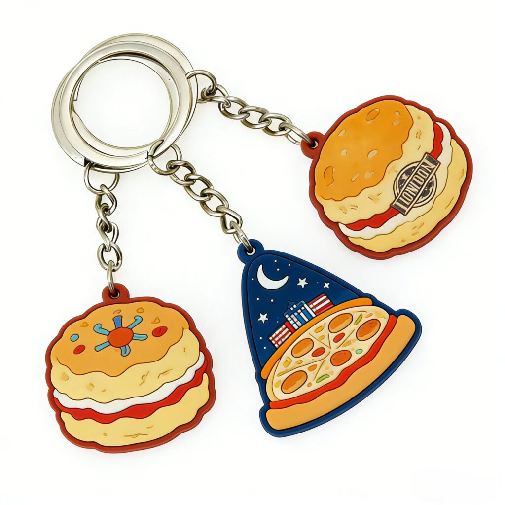 A set of three individual custom PVC keychains displayed together: a double-decker burger with "LONDON" text, a plain double-decker burger, and a starry night pizza slice featuring a city skyline. Each is attached to a silver metal key ring.