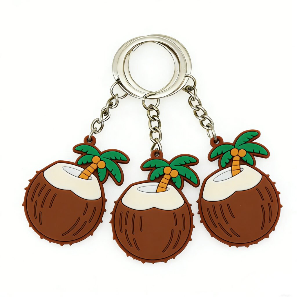 A deep brown custom PVC keychains. The textured shell reveals a white coconut meat interior, from which a small, detailed green palm tree grows. Attached via a silver metal chain to a standard split ring, evoking a tropical island vacation vibe.