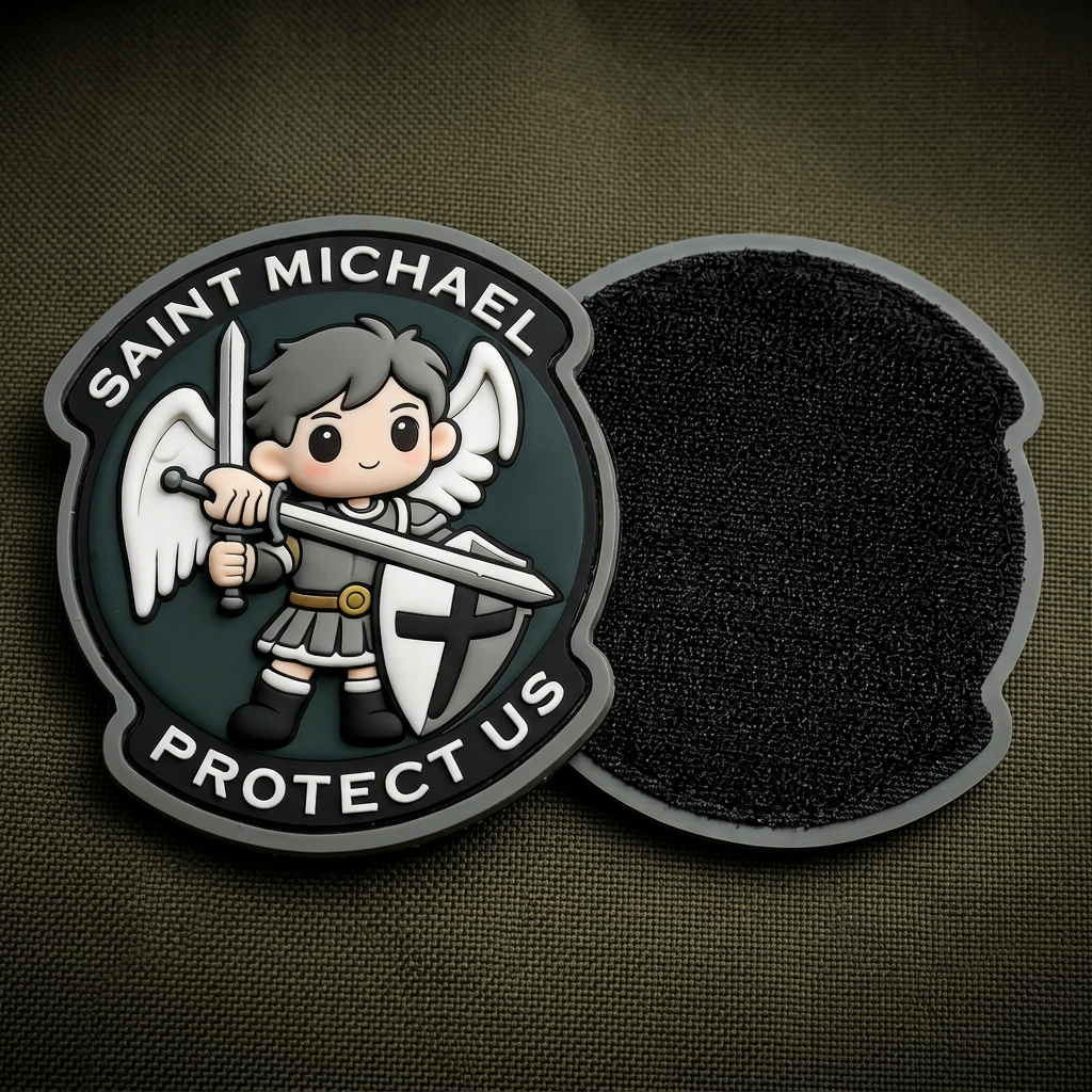 Custom soft PVC Velcro patch featuring a cartoon Saint Michael angel design in 3D embossed relief with a trimmable border, displayed against a white background