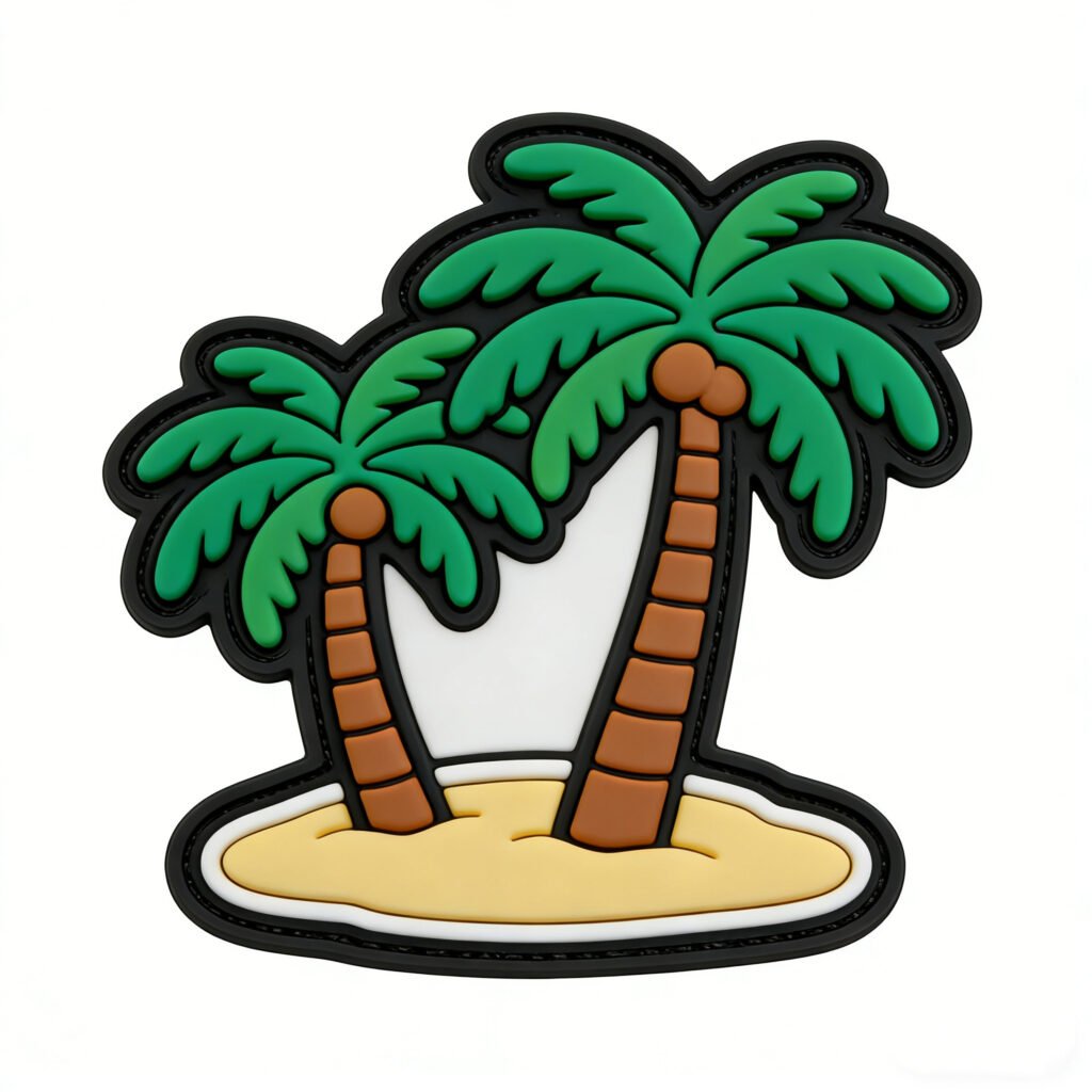 PVC Velcro patch featuring two green coconut trees with a white hammock suspended between them, a yellow sandbar at the base, and black trim edging, displayed on a pure white background