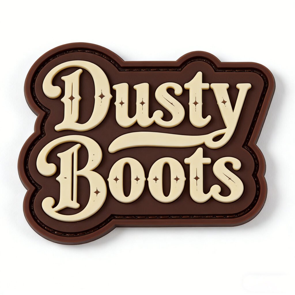 Custom PVC Velcro patch with a dark brown base and cream-white embossed "Dusty Boots" lettering in a vintage western-style font with distressed scuffs, diamond accents, and faux stitched edge detailing, on a pure white background