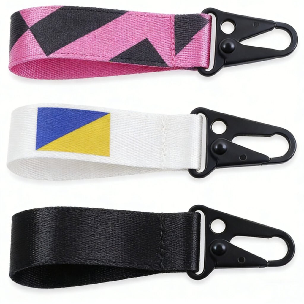 Custom webbing keychains with heat transfer printed logo and heavy-duty hardware