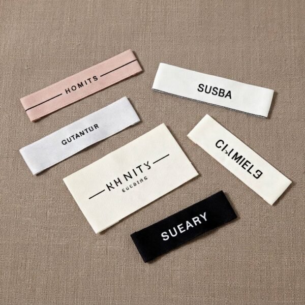 Custom Premium Woven Garment Neck Label Minimalist Letter Design Main Label Woven Tag Multiple premium woven garment labels in various colors and layouts scattered on a linen fabric background, featuring minimalist lettering designs including pink "HOMITS", white "SUSBA" and "GUTANTUR", beige "KN NITY", and black "SUEARY", showcasing fine weaving craftsmanship
