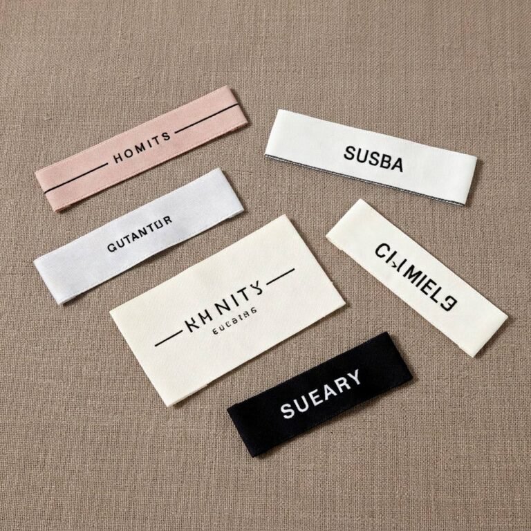Assorted minimalist woven clothing labels on linen texture; features flat-weave damask in pink, white, cream, and black with modern sans-serif text like "HOMITS" and decorative lines.