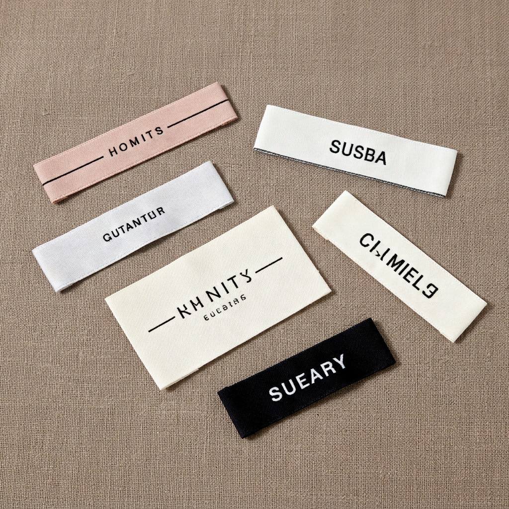 Multiple premium woven garment labels in various colors and layouts scattered on a linen fabric background, featuring minimalist lettering designs including pink "HOMITS", white "SUSBA" and "GUTANTUR", beige "KN NITY", and black "SUEARY", showcasing fine weaving craftsmanship