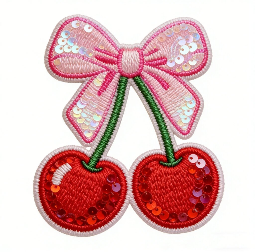 Custom sequin embroidered patch featuring a pink sequin bow paired with two red sequin cherries with green stems and white overlock edging, on a pure white background