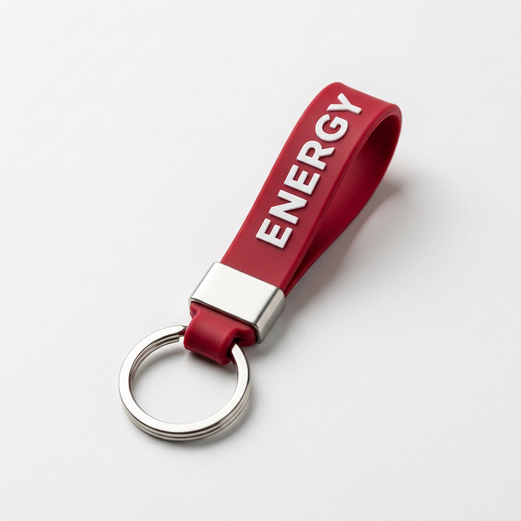 Vibrant red Silicone Wristband Keychains with raised white 3D "ENERGY" text, attached to a red silicone wristband loop and secured with a silver-tone double-ring metal clasp.