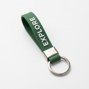 Custom green silicone wristband keychain featuring white embossed "EXPLORE" lettering on the surface, paired with a metal connector and standard keyring, on a pure white background