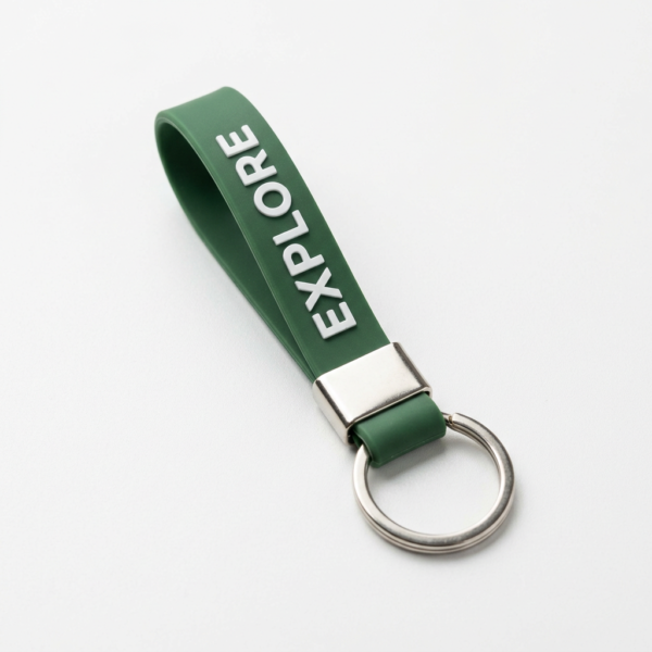 Custom green silicone wristband keychain featuring white embossed "EXPLORE" lettering on the surface, paired with a metal connector and standard keyring, on a pure white background