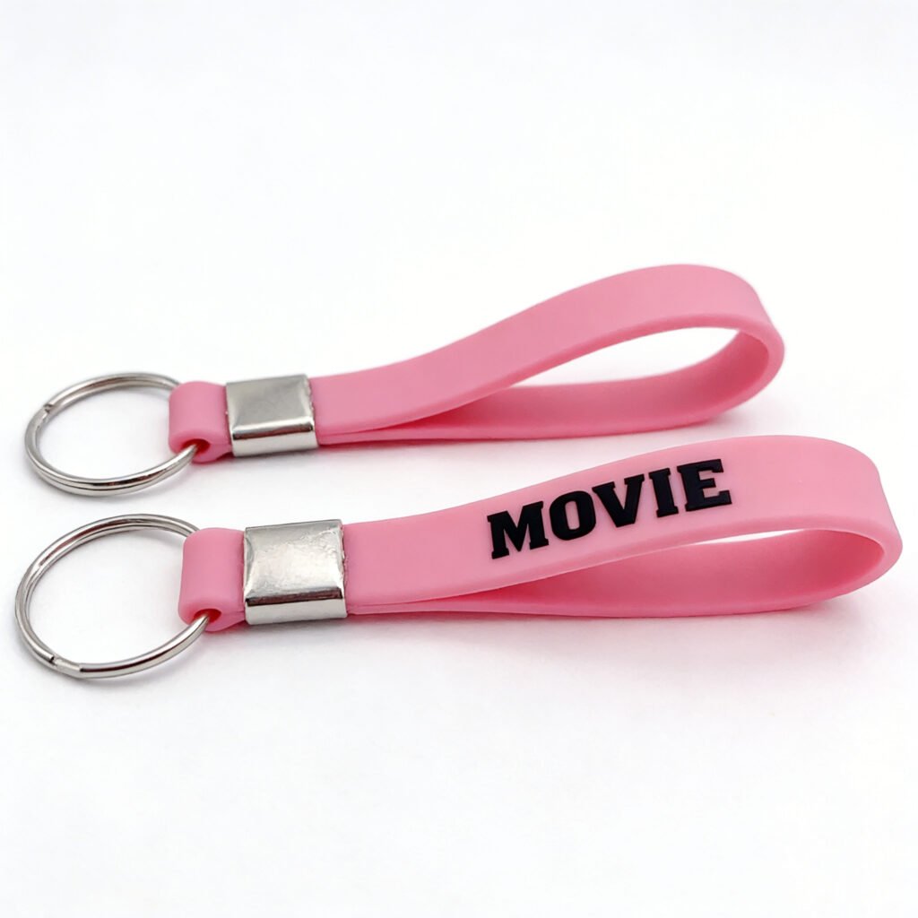 A set of custom pastel pink silicone wrist straps with raised black "MOVIE" lettering, featuring a silver metal square buckle and a key ring, designed as a functional and stylish keychain.