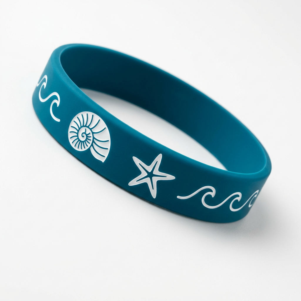 Custom deep blue silicone wristbands featuring intricate debossed ocean elements including waves, nautilus shells, and starfish; made from soft, skin-friendly, and elastic silicone; ideal for beach vacations, water sports, and themed event promotions.