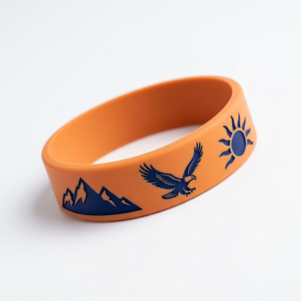 Orange silicone wristband featuring deep blue mountain, eagle, and sun graphics with an outdoor sports style design, placed on a pure white background