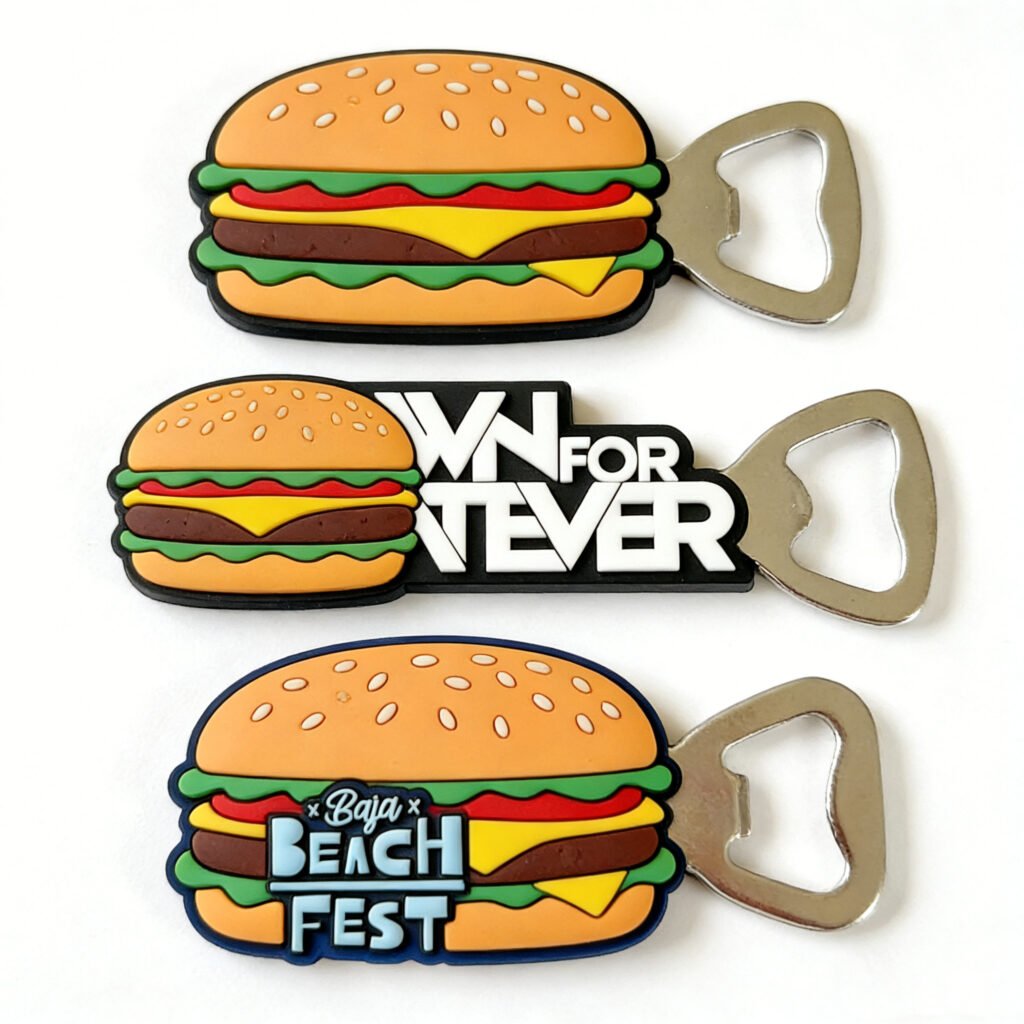 Set of three hamburger-shaped custom PVC bottle openers with layered details (sesame seed bun, lettuce, cheese); features integrated silver metal opener tops and strong magnetic backs for fridge use.