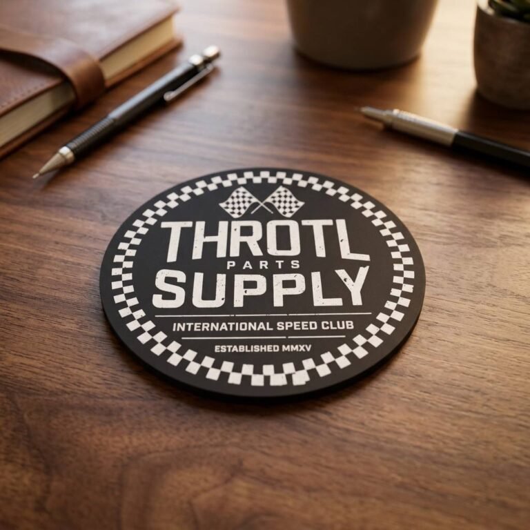 Heavy-duty round PVC rubber coaster featuring a vintage racing theme with "THROTL PARTS SUPPLY" text, crossed checkered flags, and a "International Speed Club" inscription on a black and white grid background.