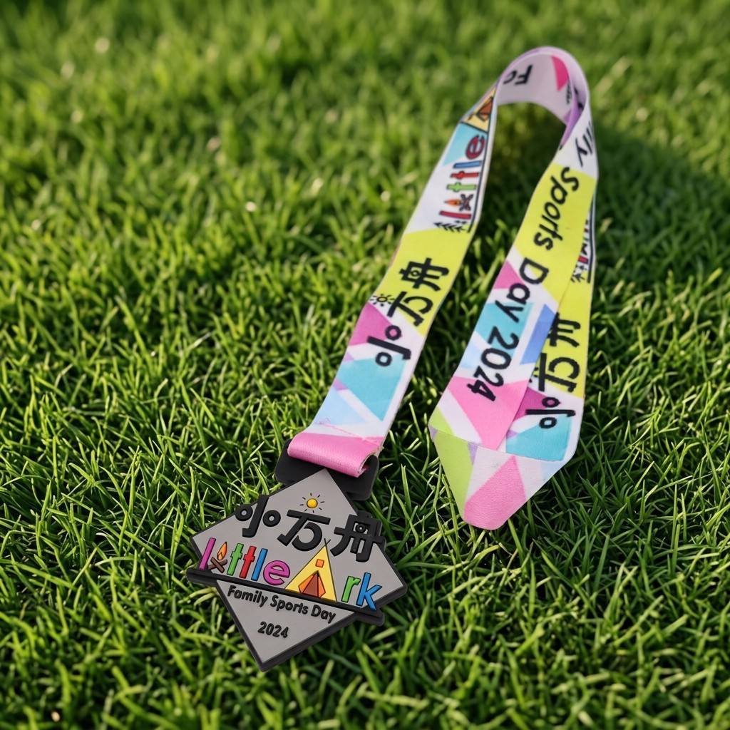 Custom soft PVC family sports day medal with a triangular contour-cut body featuring "小方舟 Little Ark Family Sports Day 2024" lettering and colorful tent artwork, paired with a colorful geometric patterned strap (with "小方舟" and "Sports Day 2024" text), placed on green lawn