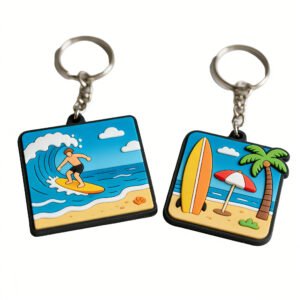Custom Soft PVC Keychain Summer Beach Surf Couple Charm Set Square soft PVC keychain featuring a surfing boy and a beach coconut tree vacation scene on the front faces, in vivid colors with black trim edging and metal chains, in a summer vacation style design