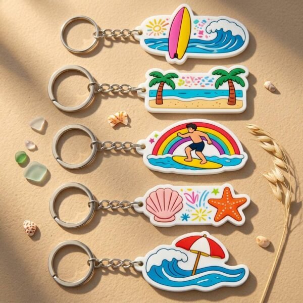 Custom soft PVC keychain featuring summer-themed designs including a surfboard with ocean waves, palm tree beach, rainbow surfer boy, shell and starfish, and beach umbrella with waves, paired with a metal chain and ring, on a beige sand and gravel background accented with shells and wheat ears