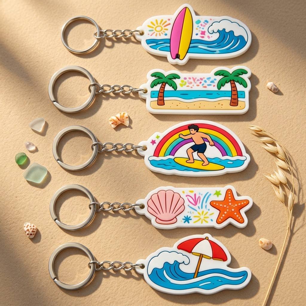 Custom soft PVC keychain featuring summer-themed designs including a surfboard with ocean waves, palm tree beach, rainbow surfer boy, shell and starfish, and beach umbrella with waves, paired with a metal chain and ring, on a beige sand and gravel background accented with shells and wheat ears