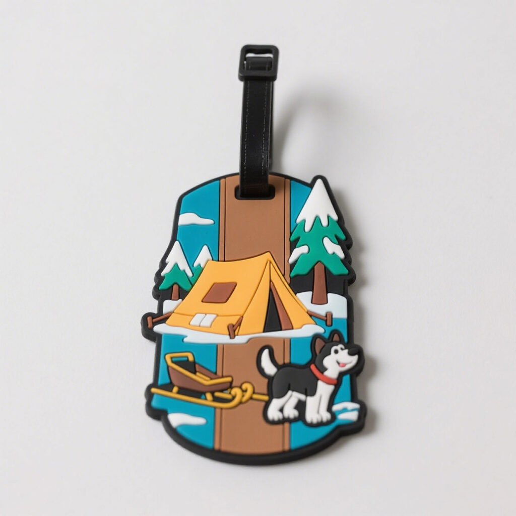 Custom soft PVC luggage tag featuring a cartoon winter camping scene (yellow tent, sled, husky, cedar trees), paired with a black faux leather strap, on a pure white background