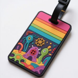 Custom Soft PVC Luggage Tag Fun Cartoon Ocean Creatures Rainbow Stripe Charm Creative rectangular soft PVC luggage tag featuring pink, orange, yellow, green, and blue gradient rainbow stripes at the top, with a deep purple ocean floor background on the lower half printed with a cute green octopus, purple monster, and ship's wheel motifs, paired with a black faux leather strap, displayed on a pure white background