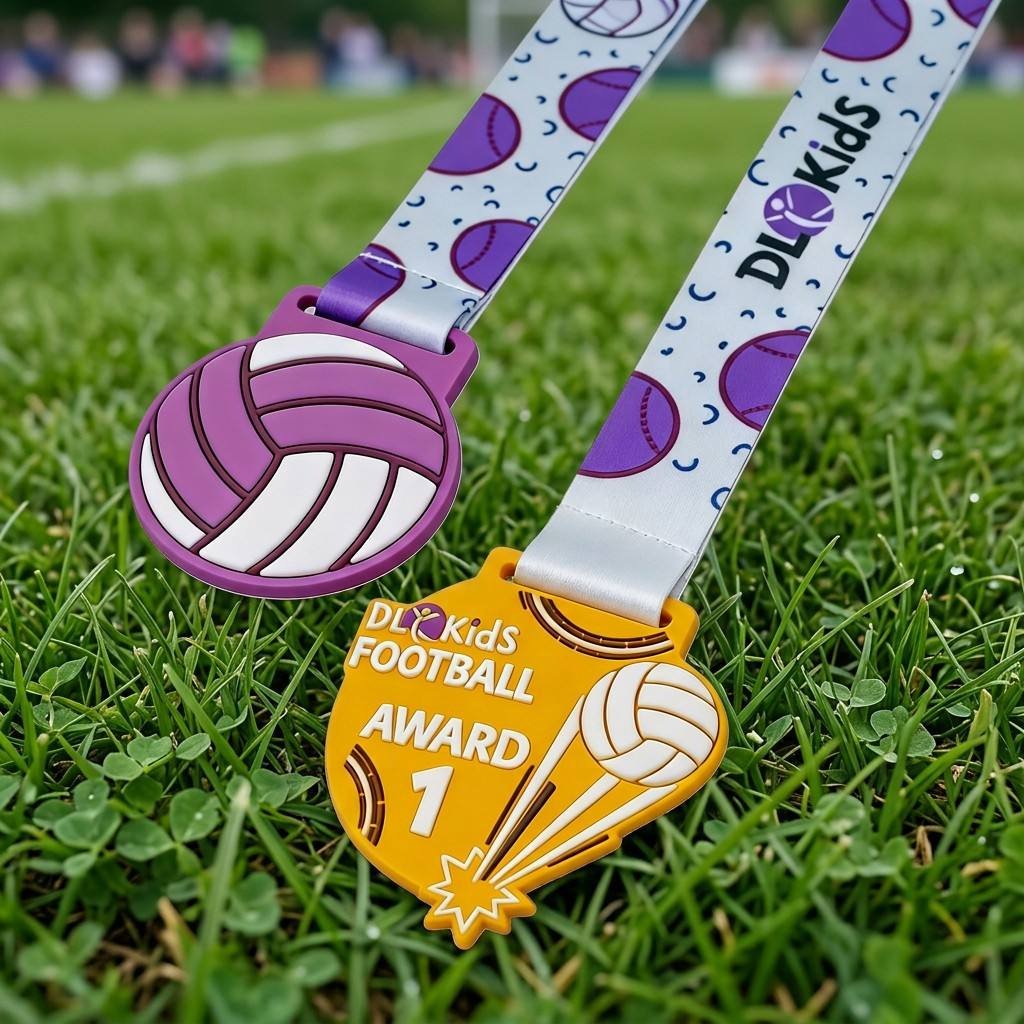 Two vividly colored soft PVC medals — one in a purple volleyball design and the other in a yellow shield design printed with "DL Kids FOOTBALL AWARD 1" lettering and a volleyball motif — both paired with white polyester ribbons printed with purple volleyballs and brand logos