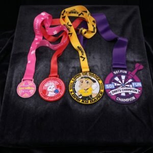 Custom Soft PVC Medal Fun Event & Tournament Awards & Souvenirs Custom soft PVC medal with color-printed cartoon artwork and text, paired with a multi-color satin ribbon lanyard, displayed against a black background