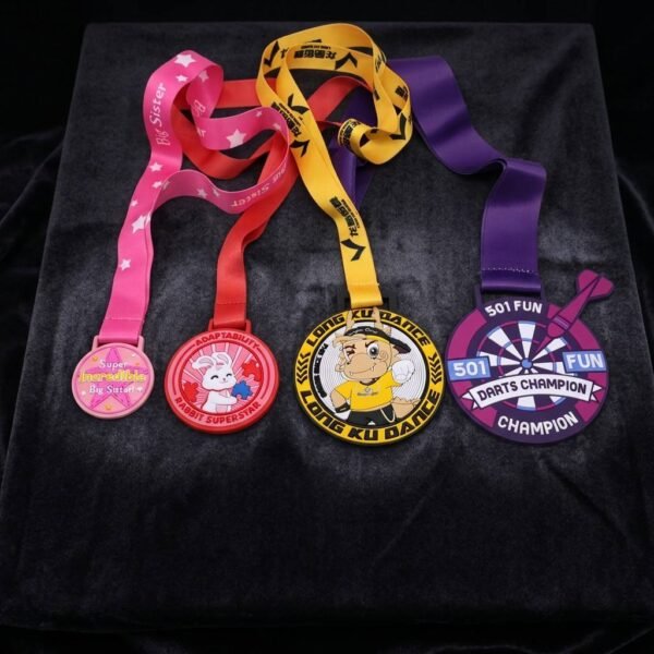 Custom Soft PVC Medal Fun Event & Tournament Awards & Souvenirs Custom soft PVC medal with color-printed cartoon artwork and text, paired with a multi-color satin ribbon lanyard, displayed against a black background