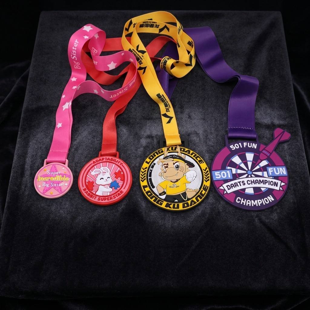 A set of four colorful Custom PVC Medals featuring 3D cartoon designs: a pink "Big Sister" medal, a red "Rabbit Superstar" medal, a yellow "Long Xu Dance" medal, and a purple "501 Fun Darts" medal, each with a matching printed polyester ribbon.