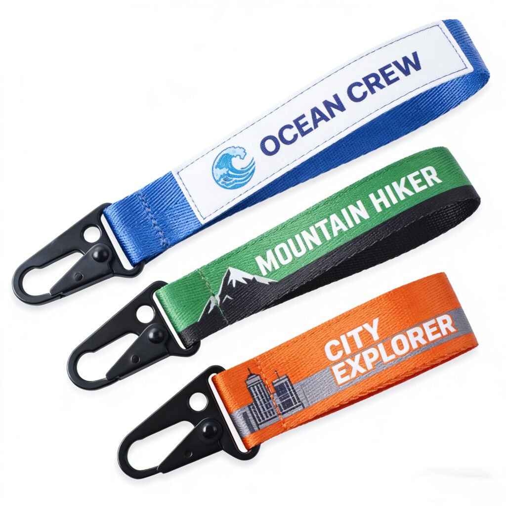 A set of three custom polyester webbing keychains in blue, green, and orange, featuring sublimated graphics of ocean waves, mountain peaks, and city skylines, each with a black metal tri-glide clip.