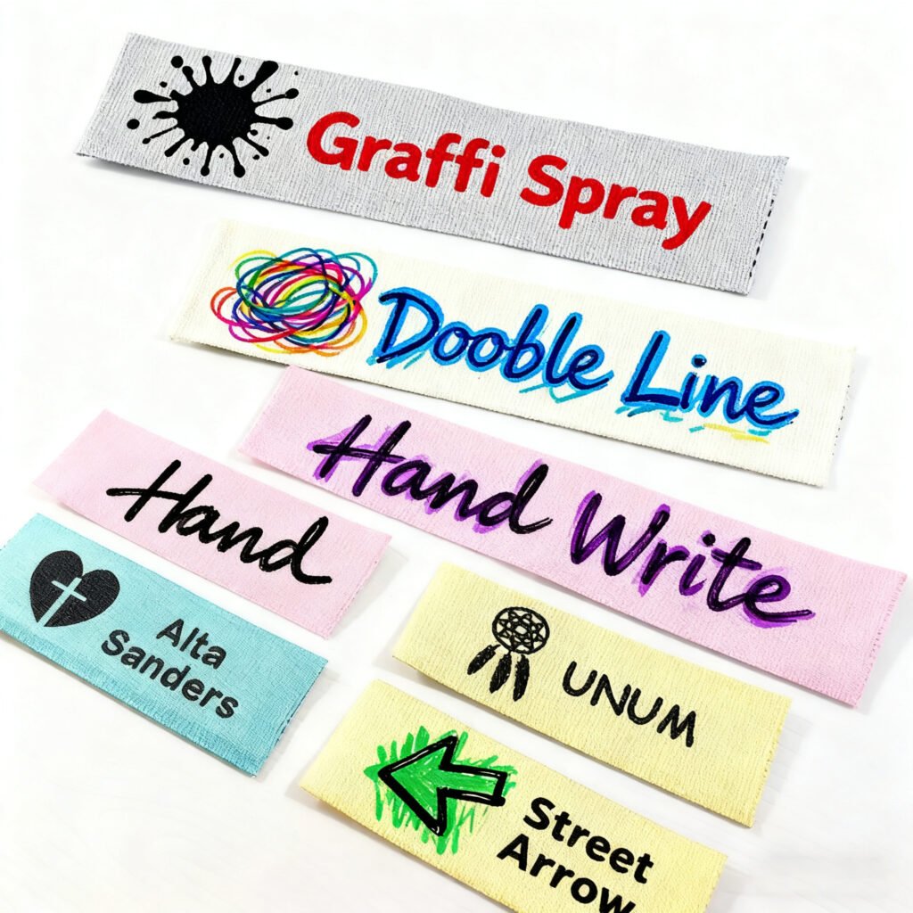 A set of custom woven clothing labels in a graffiti streetwear style, featuring spray paint textures, doodle lines, hand-lettered text, and symbols like a cross heart, dreamcatcher, and arrow, in black, white, pink, yellow, and blue.