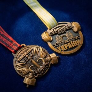 Custom Zinc Alloy Metal Medal Event Commemorative & Fitness & Bodybuilding Awards Custom zinc alloy embossed metal medal featuring weightlifting barbell elements and city landmark design, paired with a colorful heat-transfer lanyard, displayed against a dark blue background
