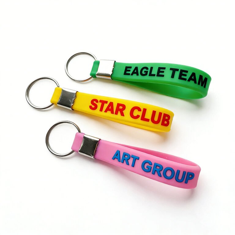 A set of three colorful Custom Silicone Keychains in green, yellow, and pink, featuring 3D raised text reading "EAGLE TEAM," "STAR CLUB," and "ART GROUP," with a matte finish and silver metal split rings.