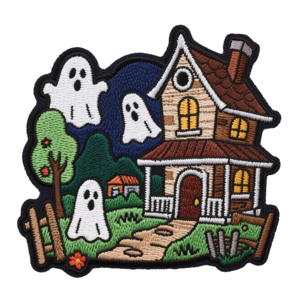 Custom Halloween-themed cartoon embroidered patches featuring a mysterious wooden ghost house with three floating white ghosts against a deep blue night sky; crafted with high-density flat embroidery and black merrowed edges; ideal for kidswear, denim jackets, backpacks, or festive party customization.