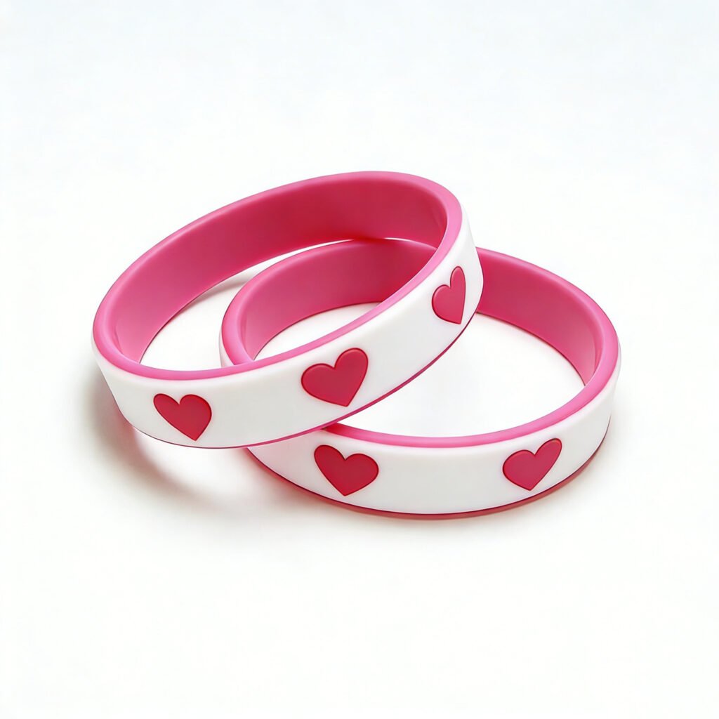 Custom pink and white color-block silicone wristband featuring debossed heart patterns; made from soft, skin-friendly, and elastic silicone; ideal for Valentine's Day gifts, friendship pairings, school events, and romantic promotions.