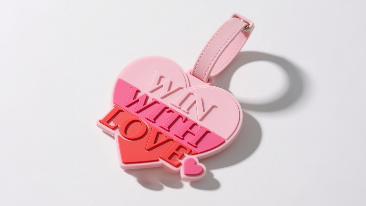 Custom wholesale PVC heart shape love text luggage tag, pink red romantic travel baggage tag