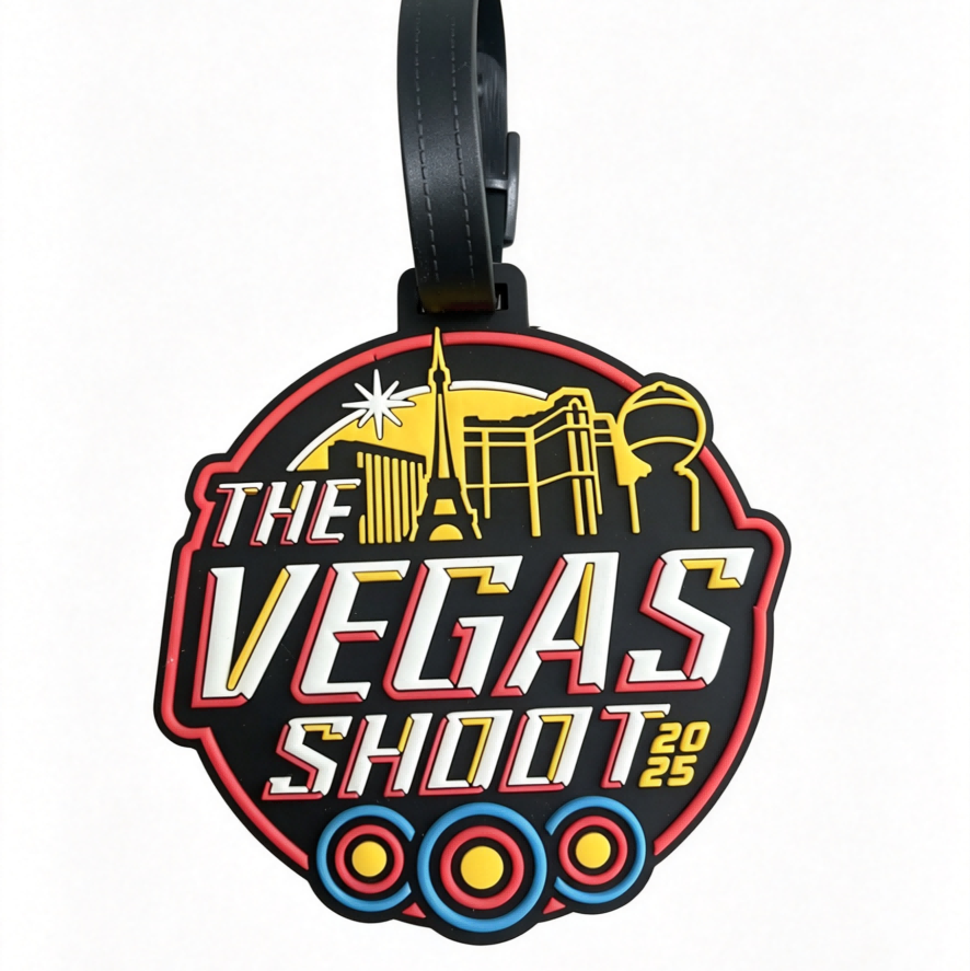 Custom wholesale PVC round vegas city text luggage tag, retro las vegas event scenic travel baggage tag