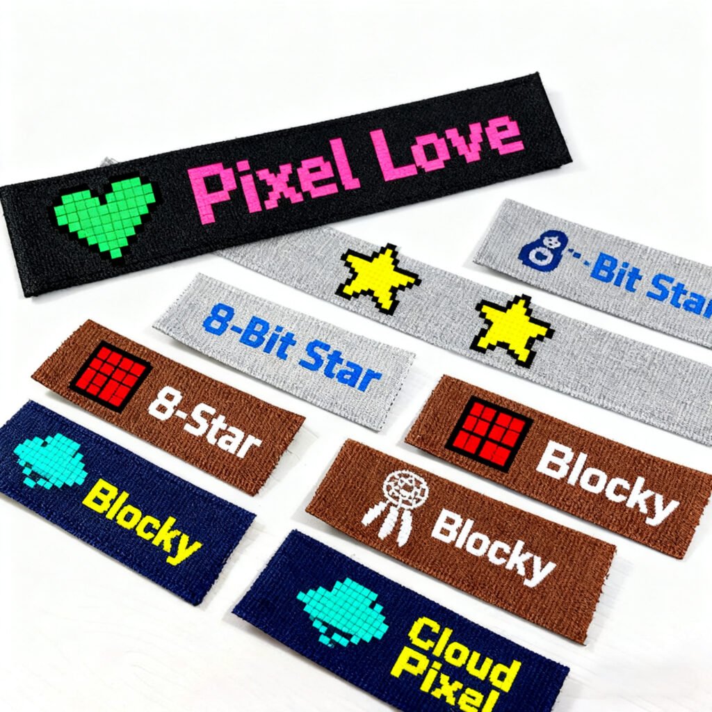 A set of Custom Clothing Labels with 8-bit pixel art designs, including a green pixel heart, yellow star, red block, and blue ghost on black, grey, brown, and navy backgrounds, featuring "Pixel Love" and "8-Bit Star" text.