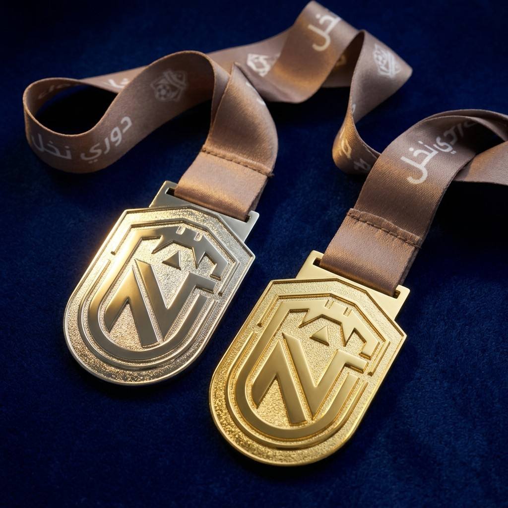 Custom metal medal in gold and silver dual versions, featuring a shield-shaped body with an engraved abstract "W" or "M" letter mark, paired with a brown woven ribbon, displayed on a dark blue velvet background — premium finish with refined luster