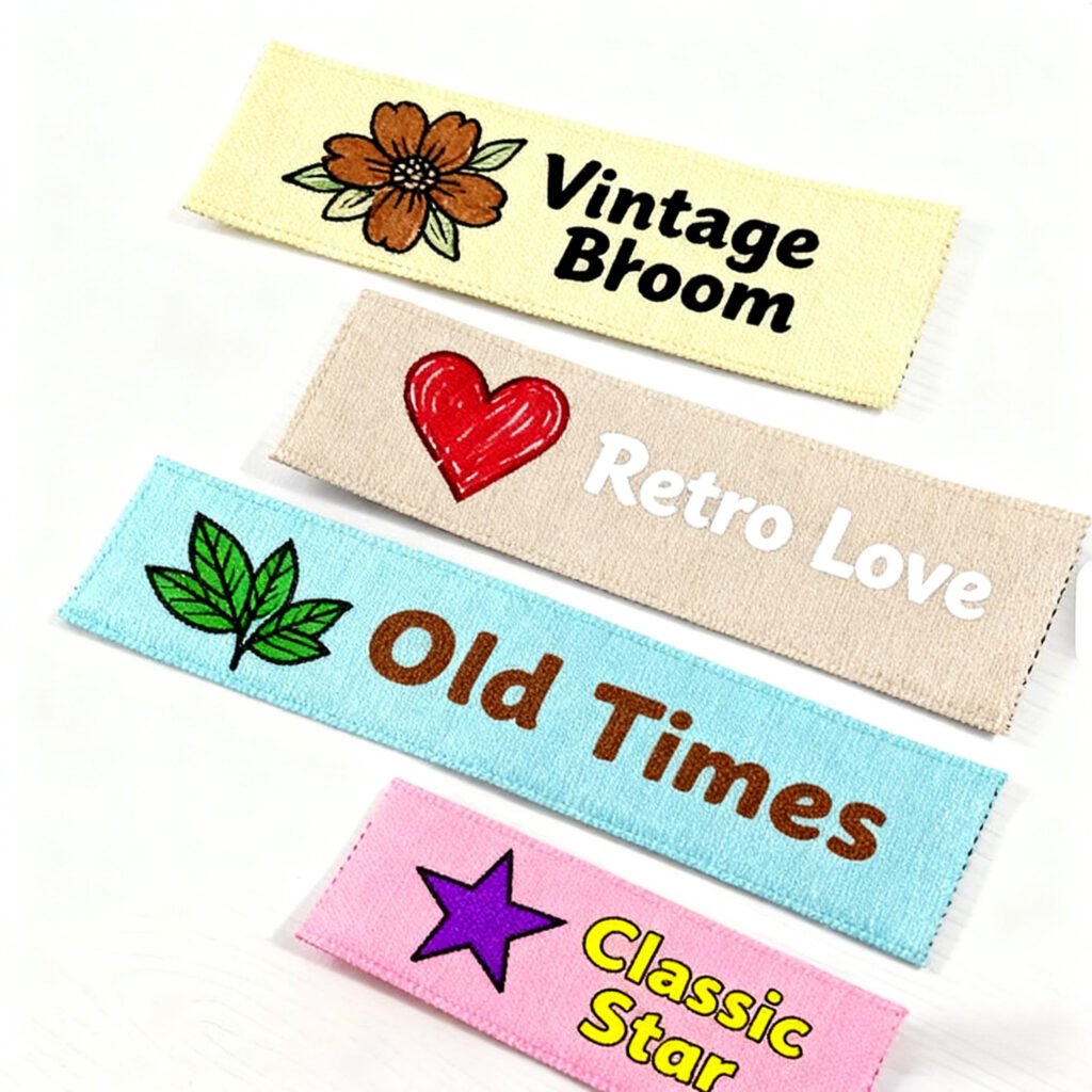 A set of four rectangular Custom Clothing Labels with a linen texture, featuring hand-drawn style embroidery (brown flower, red heart, green leaf, purple star) and vintage typography reading "Vintage Bloom," "Retro Love," "Old Times," and "Classic Star."