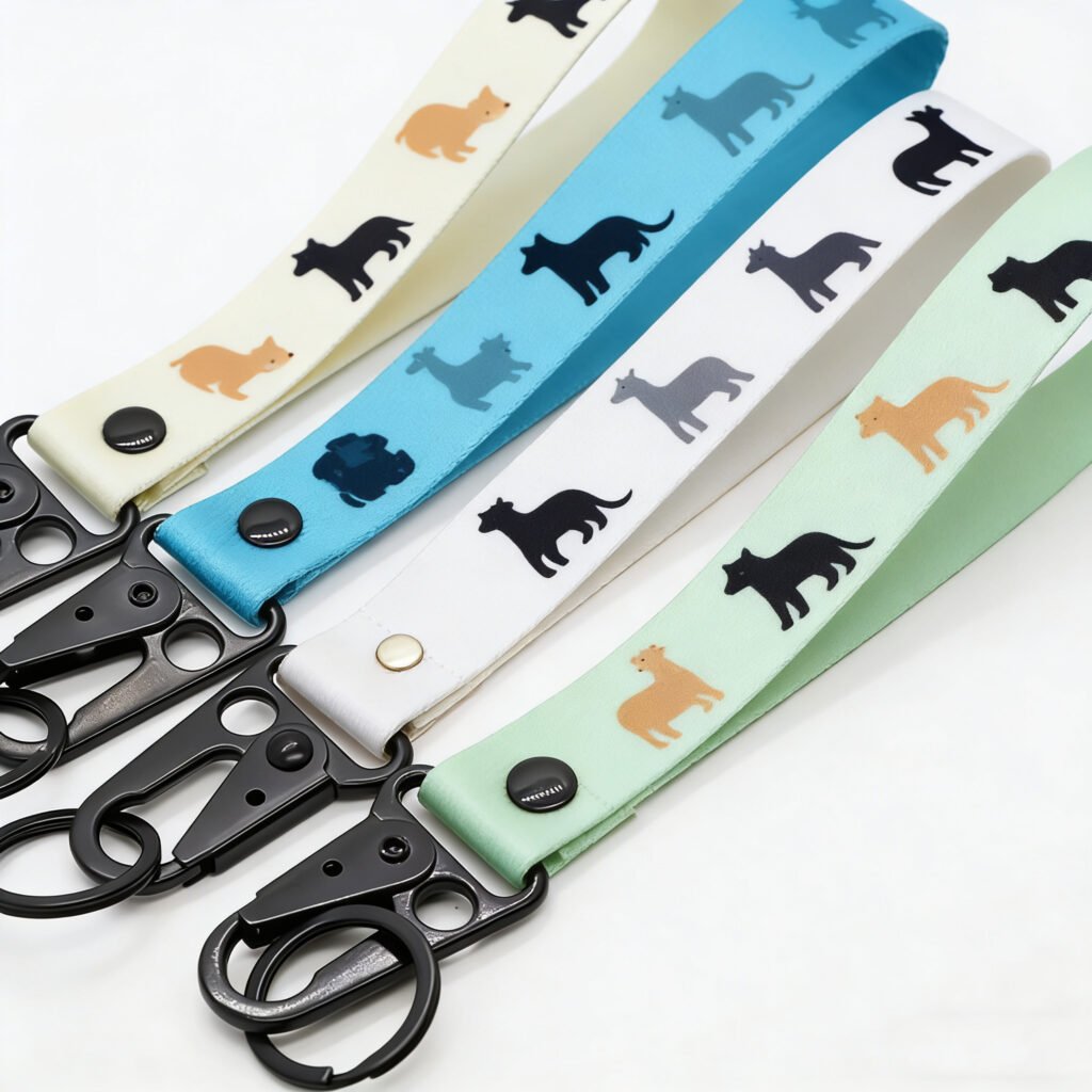 A set of four polyester woven lanyard keychains in cream, sky blue, white, and mint green. Each strap features repeating patterns of black cat and dog silhouettes with orange kitten accents. Fitted with sturdy black matte zinc alloy triangular lobster clasps and split rings.