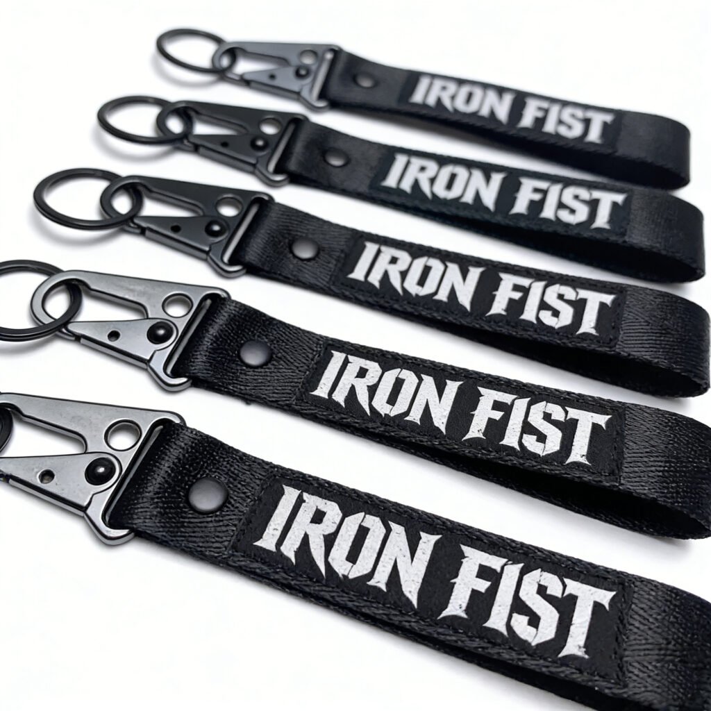 A set of five identical custom webbing keychains. Each features a black high-density polyester strap with "IRON FIST" embroidered in sharp white Gothic font. Fitted with a matte silver-black triangular lobster clasp and split ring, showcasing a hardcore, punk-inspired aesthetic.