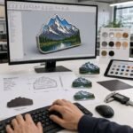 A graphic designer working on 3D CAD metal magnet artwork on a monitor, with electroplating finish option swatches, enamel color palette, dimensioned blueprints, digital calipers, and physical metal mountain magnet samples on the desk.