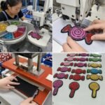 A four-panel factory process view showing automated sequin tacking machines, manual precision lock-stitch sewing, heat-seal backing application, and quality control sorting of candy sequin patches.