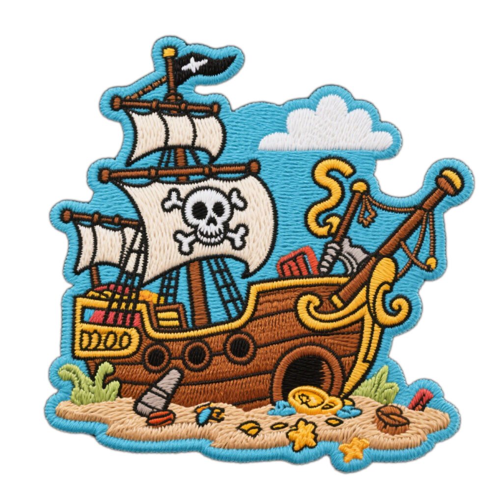 Custom cartoon pirate ship embroidered patches with skull flag and gold coin details; heat-seal backing for DIY decor on kids' clothing, backpacks, and hats.